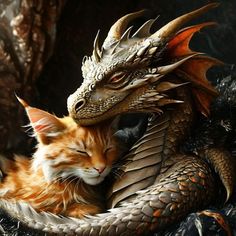 a cat is cuddling with a dragon