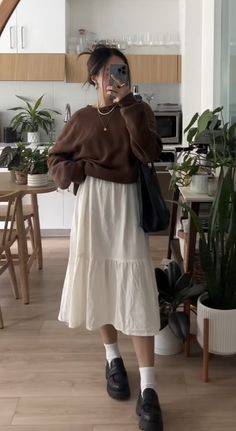 Outfit Inspirations Long Skirt, Cottage Core Sweater Outfit, Cute Modest Teacher Outfits, Sweater Set Outfits Skirt, Modest Loose Outfits, Outfit Inspo For Teachers, Cozy Party Outfit, Fall Princess Outfit, Casual Maxi Skirt Outfits