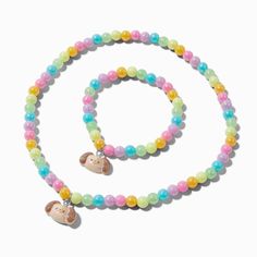 Beads have a way of adding a big dose of fun to just about anything! This matching set includes a beaded stretch necklace with a pastel critter design, and a matching stretch bracelet. So cute!Claire's Club is our unique collection specifically designed for our younger customers. Carefully constructed to be safe for toddlers & young children, these accessories are recommended for ages 3-6.Jewelry Set by Claire's ClubPack Size: 2Stretch fitMaterial: PlasticSuitable for ages 3-6 - Claire's Club Pastel Glitter Critter Stretch Necklace & Bracelet Set - 2 Pack Pastel Jewelry With Colorful Beads In Playful Style, Playful Pastel Jewelry With Colorful Beads, Crown Hair Clip, Sensitive Ears Earrings, Piercing Kit, Flower Crown Hairstyle, Adorable Homes Game, Pastel Beads, Photo Frame Gift