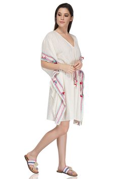 Kaftan Dress Swim Cover Up V-Neckline Embroidery Around The Sides With Pompom Detail Drawstring Tie At Waist With Tassel Detail Made In Cotton Lurex Stripe Detail Vacation V-neck Kaftan With Tassel Ties, V-neck Embroidered Dress For Beach With Embroidered Hem, Floral Embroidered V-neck Dress For Beach, Beach Embroidered Dress With V-neck And Embroidered Hem, Spring Kaftan With Tassel Ties, Embroidered V-neck Beachwear Dress, Spring V-neck Kaftan With Chikankari Embroidery, V-neck Chikankari Embroidery Dress For Vacation, Multicolor Embroidered V-neck Dress For Vacation