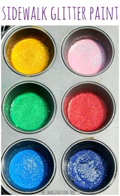 an image of some colorful paint in a metal pan with the words sidewalk glitter paint on it