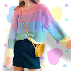 ++FREE+SHIPPING+WORLDWIDE++  //  One+Size+:+  Length+61+cm  Chest+126+cm  Shoulder+63+cm  Sleeve+53+cm Cute Colorful Clothes, Enid Sinclair Clothes, Bright Colorful Outfits, Rainbow Sweater Outfit, Colorful Fashion Aesthetic, Fashion Bright Colors, Colorful Aesthetic Outfits, Enid Wednesday, Cute Colorful Outfits