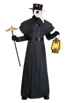 Tend to the sick in this this exclusive Classic Adult Plague Doctor Costume! The floor-length robe has an attached capelet that flutters impressively when you sweep to a patient's bedside. A double row of brassy buttons down the front add to your impressive air. A pair of gloves keeps your hands clean and a winged stick lets you prod the patient in affected areas. Slip on the slightly horrifying mask with its bird-like beak and you'll be ready to wander the streets of London! Plague Doctor With Lantern, Plague Doctor Outfit, Plague Doctor Halloween Costume, Doctor Halloween Costume, The Plague Doctor, Doctor Halloween, Plague Doctor Costume, Plague Doctors, Halloween Jacket