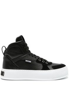 black/white calf leather/faux leather panelled design grained texture suede panelling perforated embellishment round toe front lace-up fastening logo patch at the tongue pull-tab at the heel flatform sole logo at the sole branded insole Luxury High-top Sneakers With Contrast Sole, Leather High-top Platform Sneakers With Perforations, Modern High-top Sneakers With Perforated Toe Box For Streetwear, Modern Leather High-top Sneakers With Perforations, Sporty Leather High-top Sneakers With Perforations, Designer High-top Sneakers For Streetwear, High-top Calf Leather Sneakers With Perforated Toe Box, High-top Sneakers With Textured White Sole, Suede High-top Sneakers With Perforated Toe Box