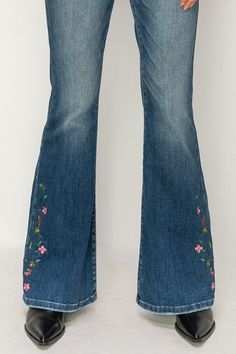 Details Style No. AT1027FLDE A perfect blend of feminine charm, comfort, and contemporary design. Highlights Super Stretchy Denim Comfort High Quality Material High Rise Regular Hem Dark Stone Wash Shape & fit Flare Regular Hem High rise Specifications: Front Rise: 10 1/2 inches Inseam: 33 inches Mid-rise Embroidered Flare Jeans For Fall, Embroidered Mid-rise Flare Jeans For Fall, Blue Embroidered Flare Jeans For Spring, Embroidered Blue Flare Jeans For Spring, Mid-rise Fitted Embroidered Flare Jeans, Fitted Mid-rise Embroidered Flare Jeans, Bohemian Mid-rise Flare Jeans For Spring, Fitted Embroidered Flare Jeans With Straight Leg, Mid-rise Embroidered Fitted Jeans