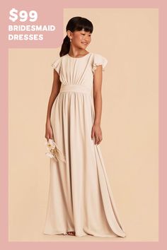 This sweet ruffle-sleeved dress is a dream for a junior bridesmaid. This design features a waistband tie in back for juniors who are between sizes. Bridesmaid Dress Chiffon, Taupe Bridesmaid Dresses, Junior Dress, Dusty Rose Bridesmaid Dresses, Rose Bridesmaid Dresses, Birdy Grey, Cute As A Button, Dusty Rose Dress, Dress Chiffon