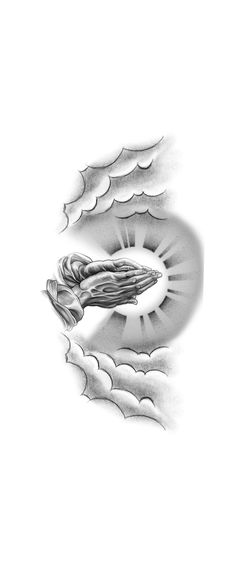 a black and white drawing of a bird flying in the sky with clouds around it