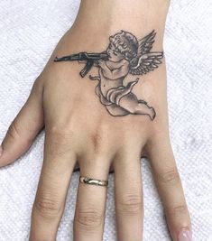 Hase Tattoos, Angle Tattoo, Alas Tattoo, Cupid Tattoo, Basic Tattoos, Hand And Finger Tattoos, Pretty Hand Tattoos, Neck Tattoos Women, Small Pretty Tattoos