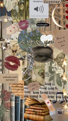 the collage is made up of many different images and words, including books, letters,