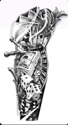 a black and white drawing of a tattoo with dice, gambling chips, and playing cards