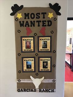 a bulletin board with pictures on it that says most wanted, wanted reward and wanted reward