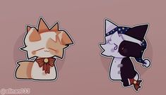 two stickers depicting cats wearing hats and scarves