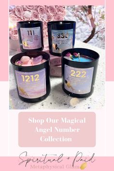 three candles with the words shop our magic angel number collection