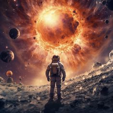 an astronaut standing on the moon in front of many planets and their sun flarers