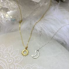 NEW STYLE CHARMS! MAY 2024 PLEASE NOTE: Necklaces are sold individually, OR as a set Gold Sun charm: 12mm x 11mm - 14k gold plated stainless steel Silver Moon charm: 13mm x 9mm - Platinum plated brass On 18" gold finished or silver plated brass cable chain, with 1.25" extension chain, and tiny lobster clasp closure. Choose your option from the drop down menu: Sun + Moon = Two necklaces Gold Sun = One necklace Silver Moon = One necklace MORE FRIENDSHIP JEWELRY HERE: https://www.etsy.com/shop/lotu Sun And Moon Matching Necklaces, Sun And Moon Friendship, Minimalist Jewelry Silver, Necklaces Dainty, Cherry Blossom Necklace, Sisters Jewelry, Sun And Moon Necklace, Crystal Point Necklace, Sun Charm