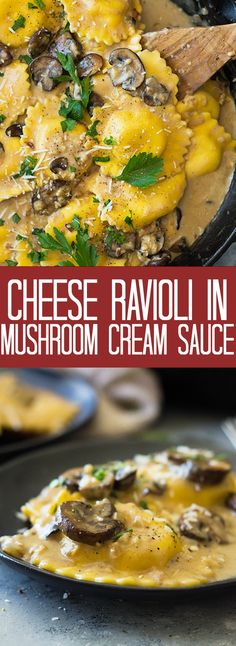 cheese ravioli in mushroom cream sauce with mushrooms and parsley