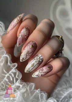 Be swept away by the subtle sparkle of these almond-shaped nails, featuring a soft glitter gradient, white lace patterns, and golden accents. These nails are a celebration of grace and sophistication. Dive into more graceful nail designs at NailHow.com! Ethereal Nail Design, Almond Coquette Nails, Princess Aesthetic Nails, Vintage Inspired Nails, Persephone Nails, Ballet Core Nails, Fairy Tale Nails, Bookish Nails, Bridgerton Nails