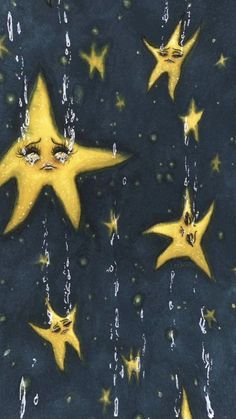 five yellow stars floating in the air next to each other on a blue background with water droplets