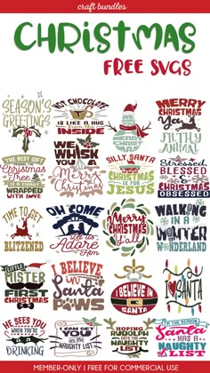 the christmas tree svg bundle is shown in red, white and green with different font styles