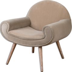 an upholstered beige chair with wooden legs