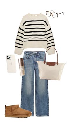 a pair of jeans, sweater and purse are shown