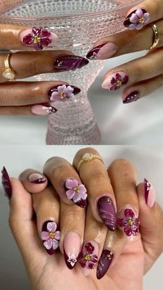 Nail Designs For Indian Wedding, Builder Gel Flower Nails, Acrylic Nails Douyin, Japanese Style Nail Art, Ethereal Nails Acrylic Almond, Lotus Flower Nail Design, Short Nails Flower Design, Color Combos Nails, Plum Acrylic Nails