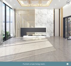 an elegant living room with marble walls and flooring is featured in this rendering image