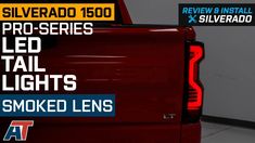 the back end of a red pick up truck with text over it that reads, silverado 150 pro series led tail lights smoked lens