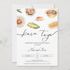 a wedding card with food items on it