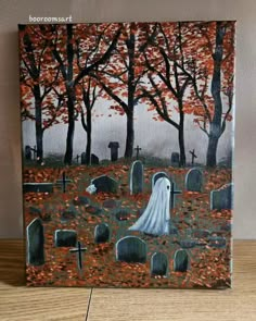 an acrylic painting of a ghost in a cemetery surrounded by tombstones and trees