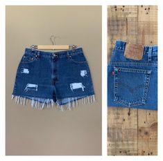 "High waisted 90's denim shorts. Made by Levi's in dark blue denim wash. Shorts are in excellent clean condition. Perfectly worn in with light naturally distressed character and handmade wear holes. These have been cut off and washed once. Measurements are taken zipped or buttoned up and laid comfortably flat then x 2 for total circumference (inches) Levis 550 Tag Size 16 M 100% Cotton Made in USA Waist 34\" Hips 46\" Length 14\" Inseam 2.5\" Rise 12\" leg opening circumference 27.5\" All items Cheap Blue Levi's Shorts, Levis Jeans High Waisted, Levi High Waisted Shorts, Levis Mom Jeans, Shorts Levis, Levis Shorts, 90s Levis, High Waisted Denim Shorts, 90s Denim