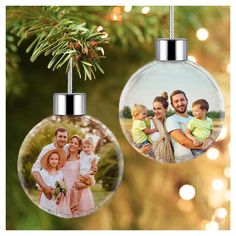 an ornament hanging from a christmas tree with a family photo on the front