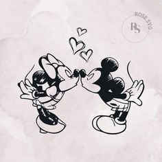 mickey and minnie kissing each other with hearts coming out of their mouths on a gray background