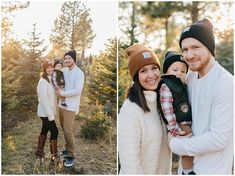 a man and woman are holding their baby while posing for pictures in the woods at sunset