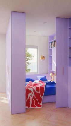 a bedroom with purple walls and blue bedding, bookshelf in the background