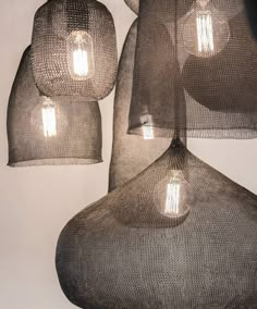 three lamps made out of mesh hanging from the ceiling