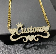 Glitter bling custom crown name necklace with 3mm Cuban chain, personalized engraving, and crown design – Queendom Treasurez. Customized Gold Cuban Link Jewelry, Customized Gold Cuban Link Necklaces, Gold Nameplate Chain Jewelry, Personalized Gold Cuban Link Name Necklace, Gold Cuban Link Name Necklace, Personalized Gold Cuban Link Jewelry, Personalized Cuban Link Gold Name Necklace, Personalized Gold Curb Chain Jewelry, Personalized Gold Curb Chain Jewelry Gift