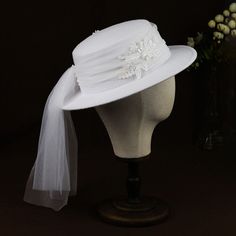 White formal ladies church hat with tulle wrap and lace accents with a small brim, fits most medium size heads. material: tulle, polyester yarn size: medium color: white style: formal church 7 inch inner diameter Veil Hat, Church Lady Hats, Veiled Hats, Church Hat, Wedding Hat, Style Formal, Vintage Hats, Church Hats, Yarn Sizes