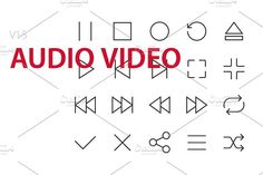 the text audio video is written in red and black on a white background with other symbols