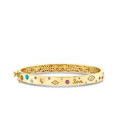 14k yellow gold, diamond and gemstones iconography hinge bangle. The bracelet is appx. 6.25" in size. Luxury Jeweled Yellow Gold Bracelets, Heirloom Yellow Gold Multi-stone Bracelets, Fine Jewelry Yellow Gold Multi-stone Bangle, Luxury Diamond Jeweled Bracelets, Yellow Gold Multi-stone Bangle In Fine Jewelry Style, Yellow Gold Bangle Bracelet With Gemstone Accents, Yellow Gold Diamond Bracelet With Gemstone Accents, Luxury Multi-stone Bangle As Gift, Luxury Multi-stone Bangle For Gift