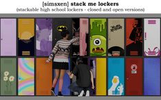 two people standing next to each other in front of lockers with cartoon characters on them