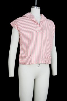 "vintage cotton blouse red & white stripe print sleeveless w. sailor collar petite waistband pocket accents circa 1950s condition: good - light wear freshly laundered & ready to wear would best fit an approx. size: medium compare flat measurements to ensure proper fit : shoulder: free bust: 19\" waist: 18\" waistband: 17.5\" length: 20.5\" feel free to ask any further questions item is vintage and is in used condition" Retro Sleeveless Cotton Blouse, Striped Tops With Pockets For Daywear, Retro Red Tops With Pockets, Cotton Sailor Top With Sailor Collar, Sailor Collar, Red And White Stripes, Red Blouses, Cotton Blouses, Vintage Cotton