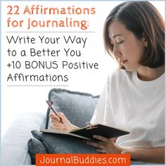 a woman sitting on a couch writing in a book with the title 22 affirmations for