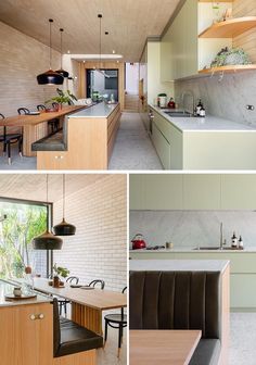 four different views of a kitchen and dining room