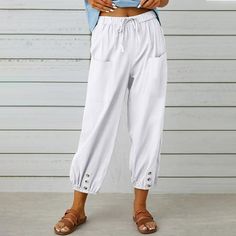 Women's casual versatile pants, pants for women, fashionable design and casual comfort, high quality, 100% brand new, selected high-quality fabrics, durable, to meet your daily wear, universal year-round, wear it is very slim, add highlights to your overall collocation, skin-friendly and comfortable, bring you a better experience, unique style, make you more attractive, wear it you will be confident and beautiful, I believe you will like it. Size: 4.  Color: White.  Gender: female.  Age Group: a Beach Pants Outfit Summer, Beach Pants Outfit, Seluar Wanita, Pants Outfit Summer, Cotton Linen Trousers, Cropped Linen Trousers, Cotton Linen Pants, Linen Crops, How To Hem Pants