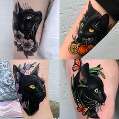 three pictures of black cats with flowers and butterflies on their legs, one has an orange butterfly in its mouth