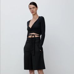 Zara Cropped V-Neckline Sweater With Long Sleeves. Front Wrap Closure With Tie. Armpit To Armpit 18” And Beyond. Length 14” V-neck Top With Tie Waist For Party, Party Top With Tie Waist And V-neck, Party V-neck Top With Tie Waist, Chic Tie Waist Crop Top For Day Out, Chic V-neck Top With Tie Waist, Chic Tie Waist Top For Night Out, Chic Evening Crop Top With V-neck, Chic Evening V-neck Crop Top, Chic Spring Crop Top With Tie Waist