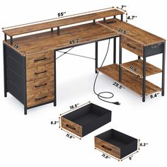 a desk with drawers and an electrical cord connected to the top, along with measurements for each drawer