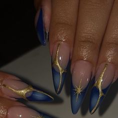 Blue Gold Nails, Long Almond Nails, Black Stiletto Nails, Gold Nail Designs, Almond Nails Designs, Blue Nail Designs