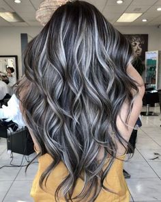 Brown Hair With Silver Highlights, Grey Brown Hair, Gray Balayage, Black Hair Balayage, Silver Highlights, Black Hair With Highlights, White Highlights